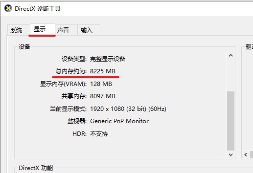 DirectX诊断工具查看显存